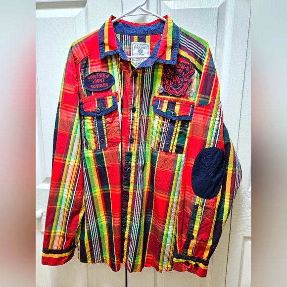 Parish Nation Powerhouse Front Runners Men's Flannel Shirt 2XL Red Plaid Patches - Picture 3 of 13